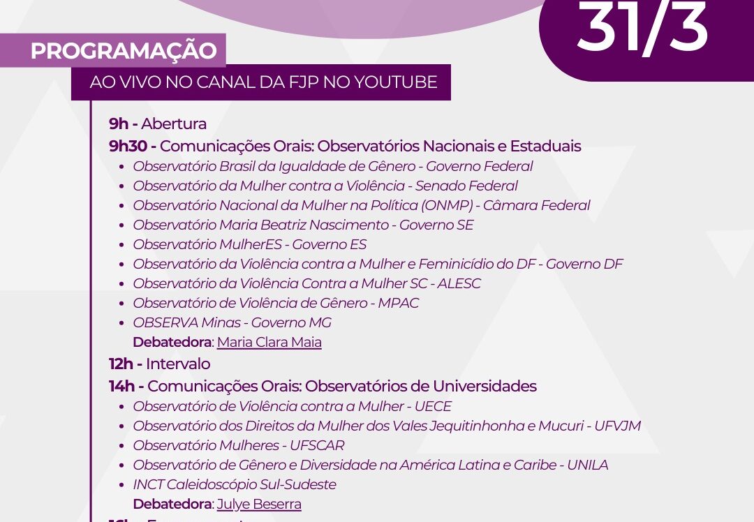 Programação do 1° encontro da rede de observatórios sobre mulheres.