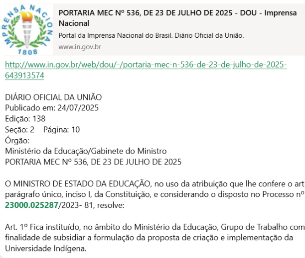 Imagem do trecho inicial da Portaria. http://www.in.gov.br/web/dou/-/portaria-mec-n-536-de-23-de-julho-de-2025-643913574