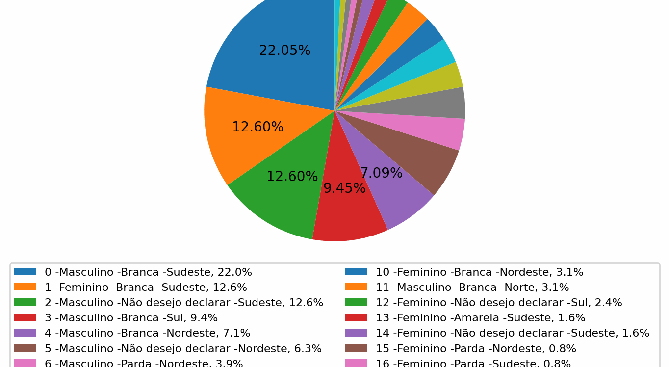 Gráfico em pizza de perfis interseccionais dos detentores de bolsa Pq-CNPq em Oceanografia (2024), distribuídos por porcentagem. Gerado a partir de pesquisa realizada com o software AIP (Feltrin, 2024).